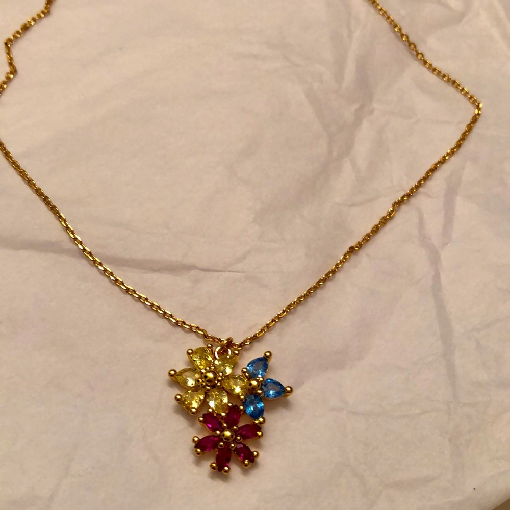 KATE SPADE NWOT RED, YELLOW AND BLUE RHINESTONE CLUSTER GOLD-TONE CHAIN NECKLACE